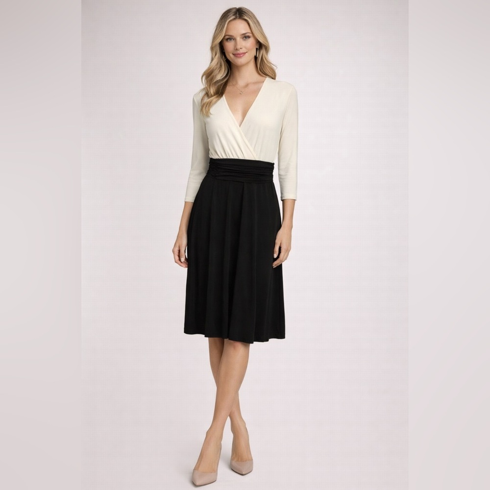 Chaps Dress Medium M Cream Black 3/4 Long Sleeve Stretch Washable NEW